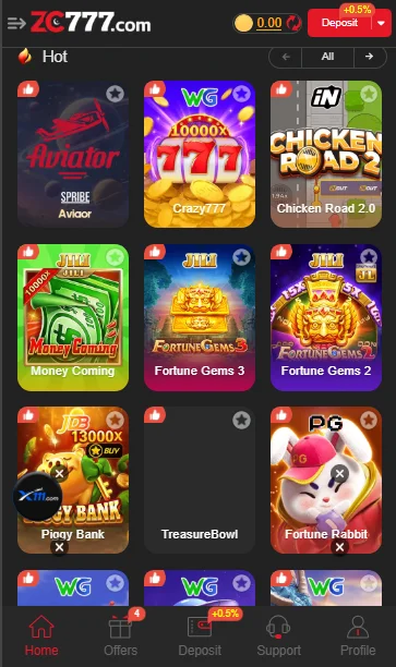 zc777 Game app interface with slots, card games, live casino, and navigation menu