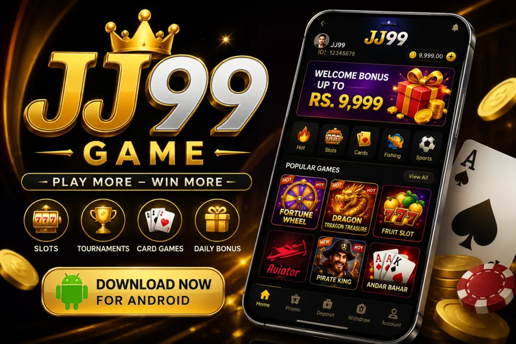 Alternative Text: JJ99 Game Android gaming platform promotional banner with mobile game interface and gold design.